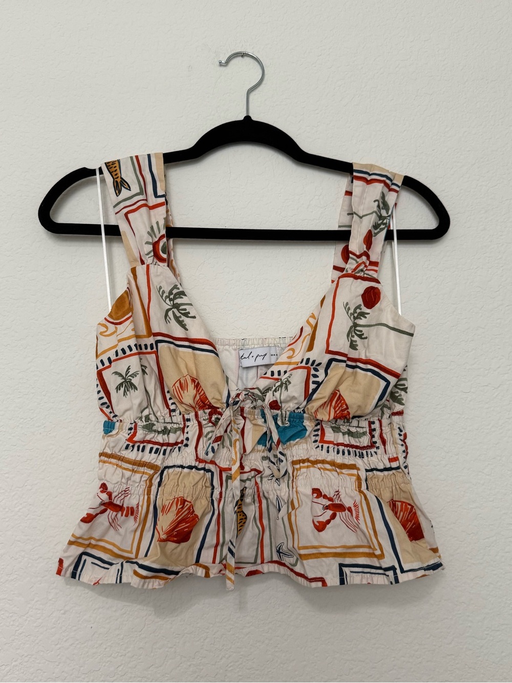 Petal & Pup Cream Seaside-Print Tie-Front Crop Top